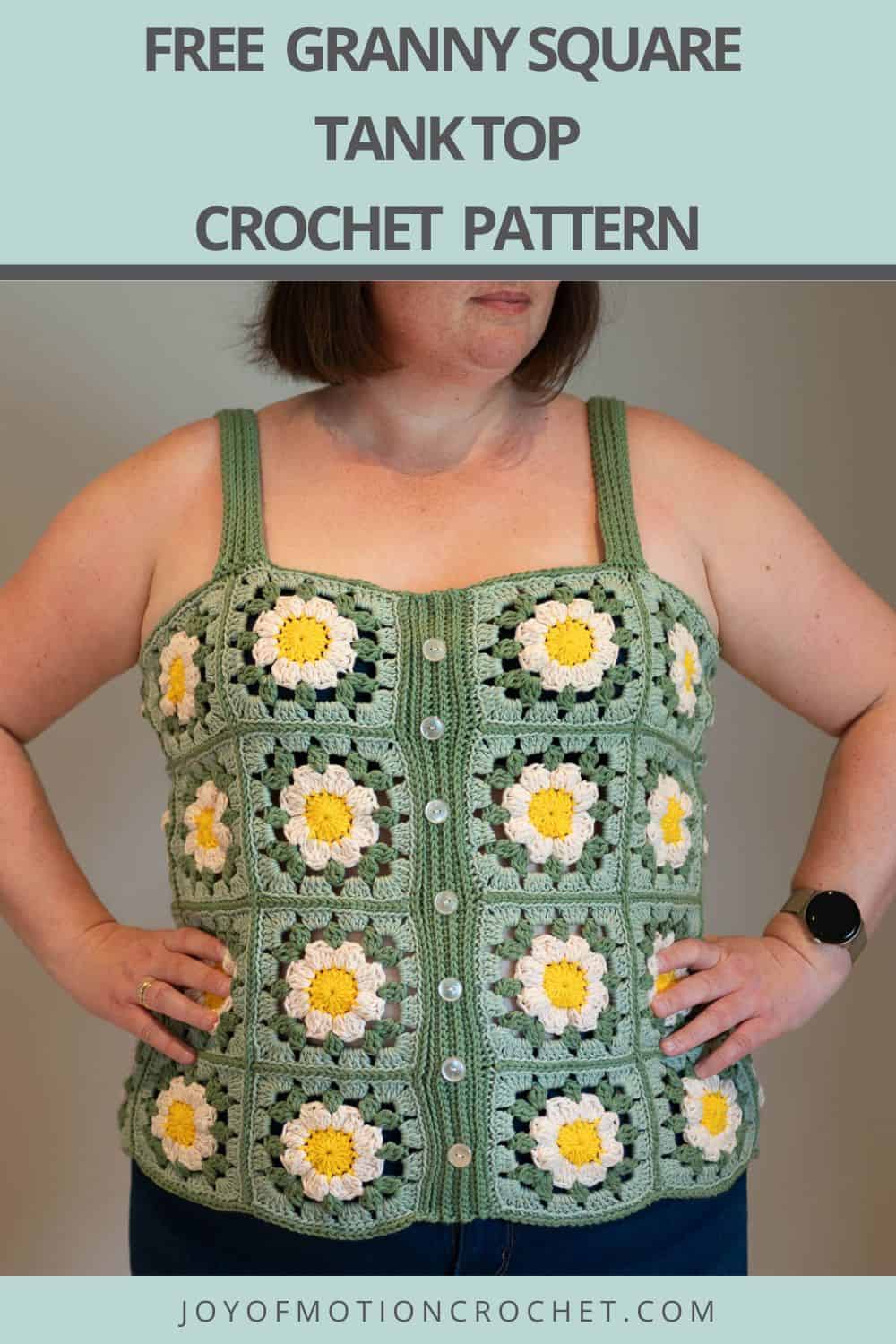 Pinterest pin collage featuring a crochet granny square tank top with floral motifs in green, white, and yellow.