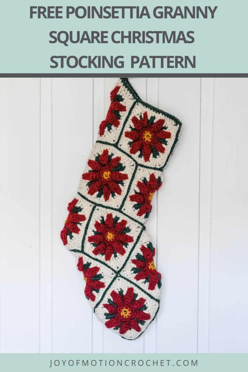 Poinsettia Granny Square Christmas Stocking with a white background, pinterest image with text