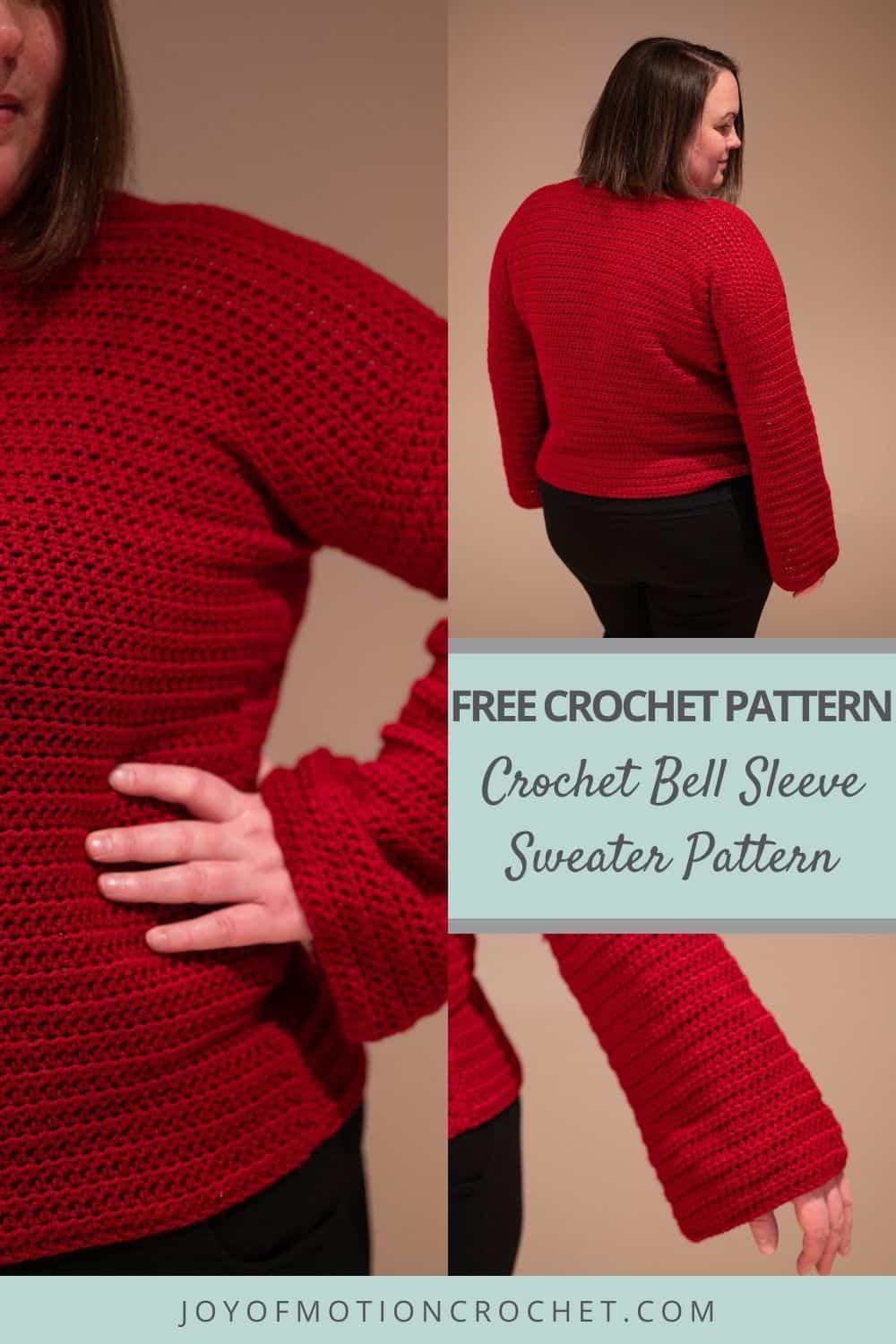 Pinterest pin collage showing a dark red crochet bell sleeve sweater from front and back angles.