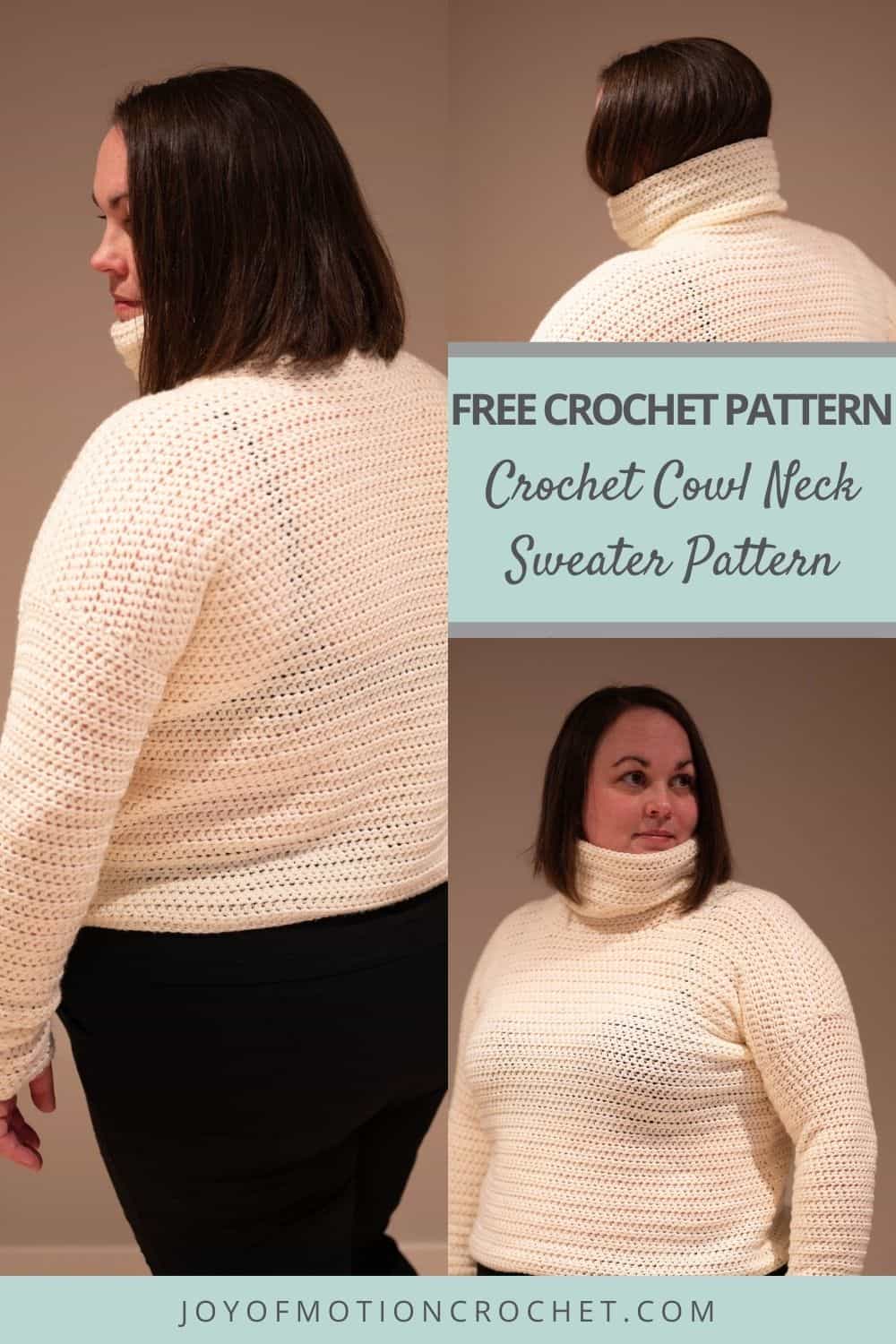 Pinterest pin collage showing a woman wearing an off-white crochet cowl neck sweater.