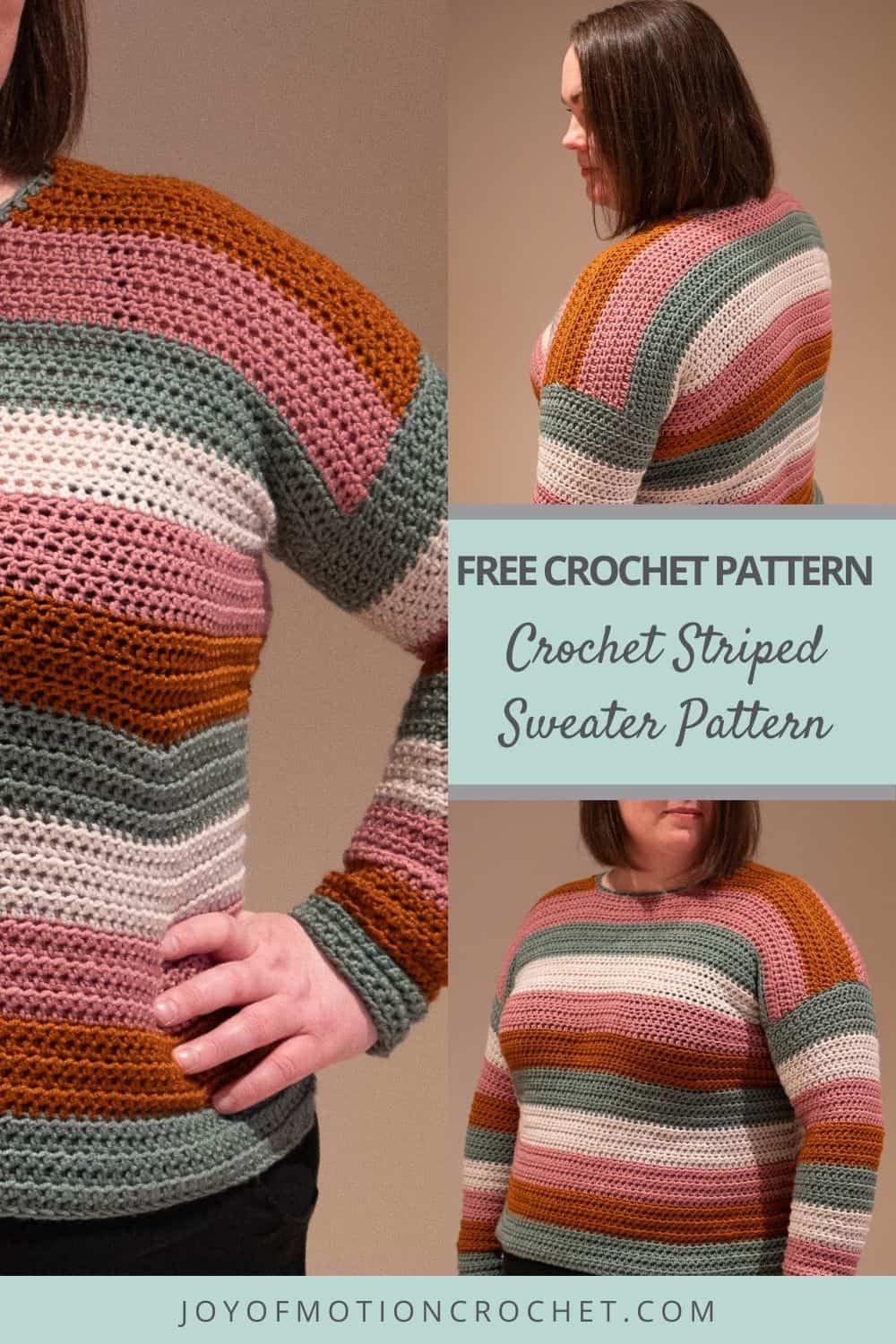 Pinterest pin collage showing a striped crochet sweater in dusty green, cognac, dusty rose, and light gray.