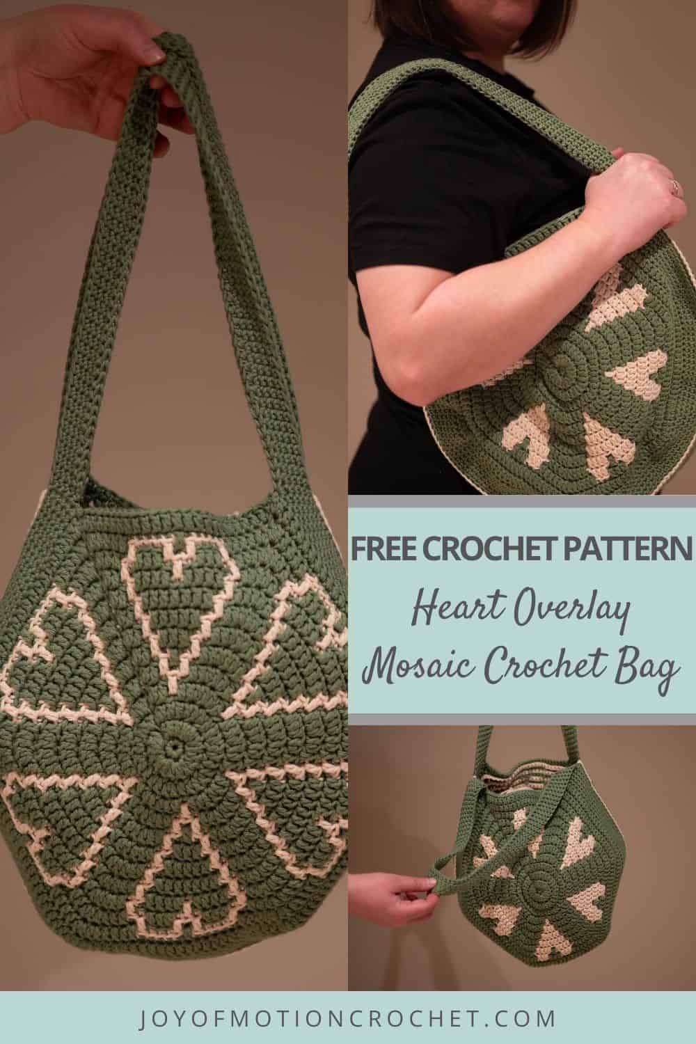 Pinterest pin collage showing a green crochet bag with cream heart patterns and a long strap.