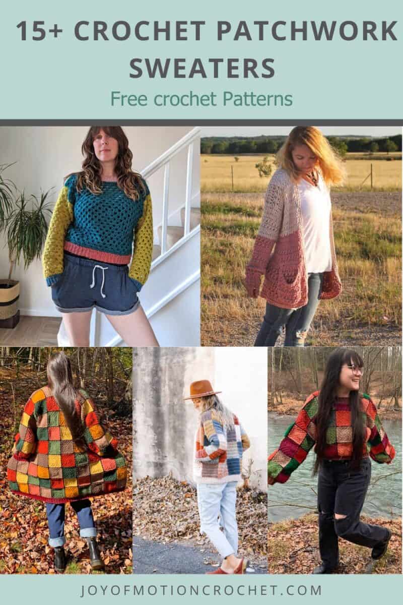 crochet patchwork sweater Pinterest graphic with text